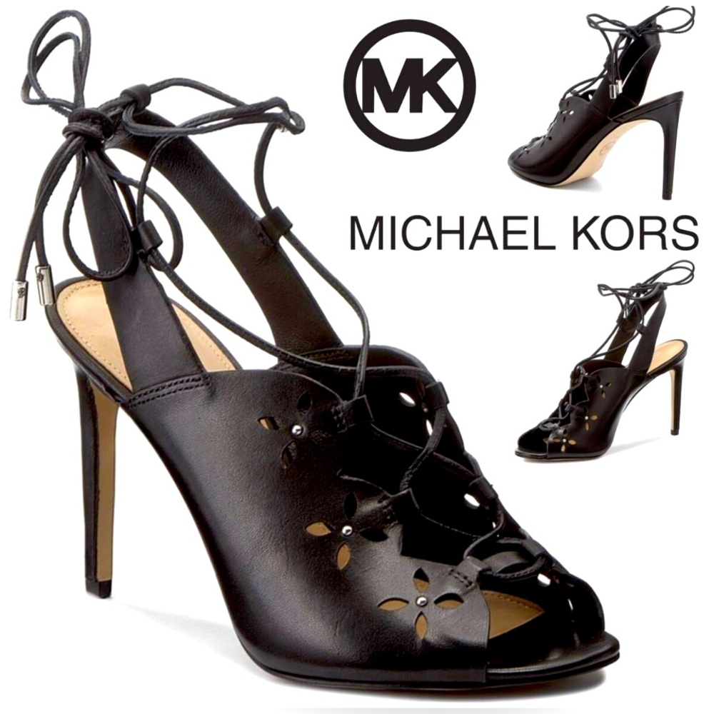 MICHAEL KORS THALIA BLACK LEATHER LACE UP SANDALS STILETTO HEELS SHOES PUMPS 10M